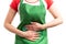 Â Close-up of retail saleswoman hands pressing painful stomach